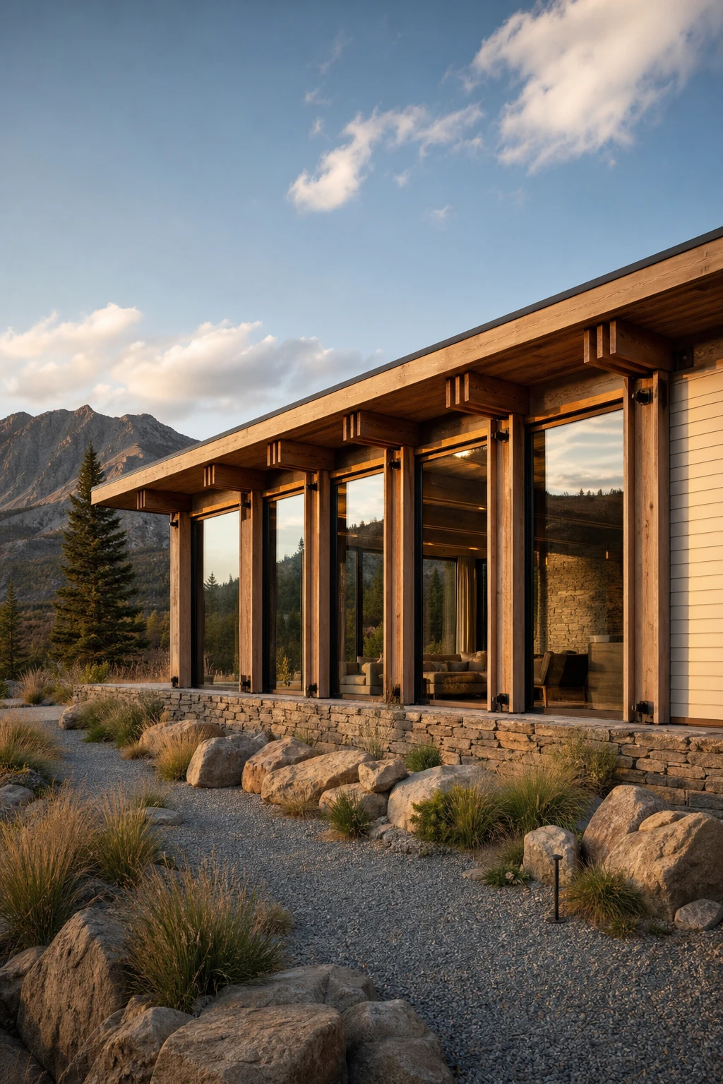 Mountain Modern Ranch exterior with floor to ceiling glass panels set between raw timber uprights, warm neutral facade, pine forest backdrop, golden afternoon light