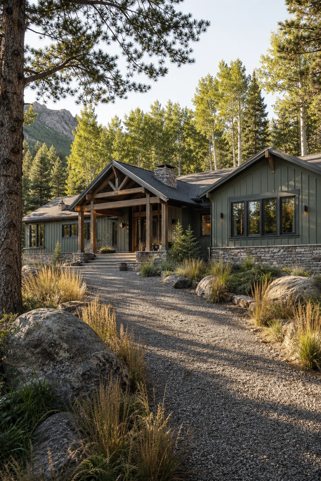 Mountain Modern Ranch exterior with muted sage green siding, stone foundation, timber beams, and black window frames set against a wooded hillside backdrop