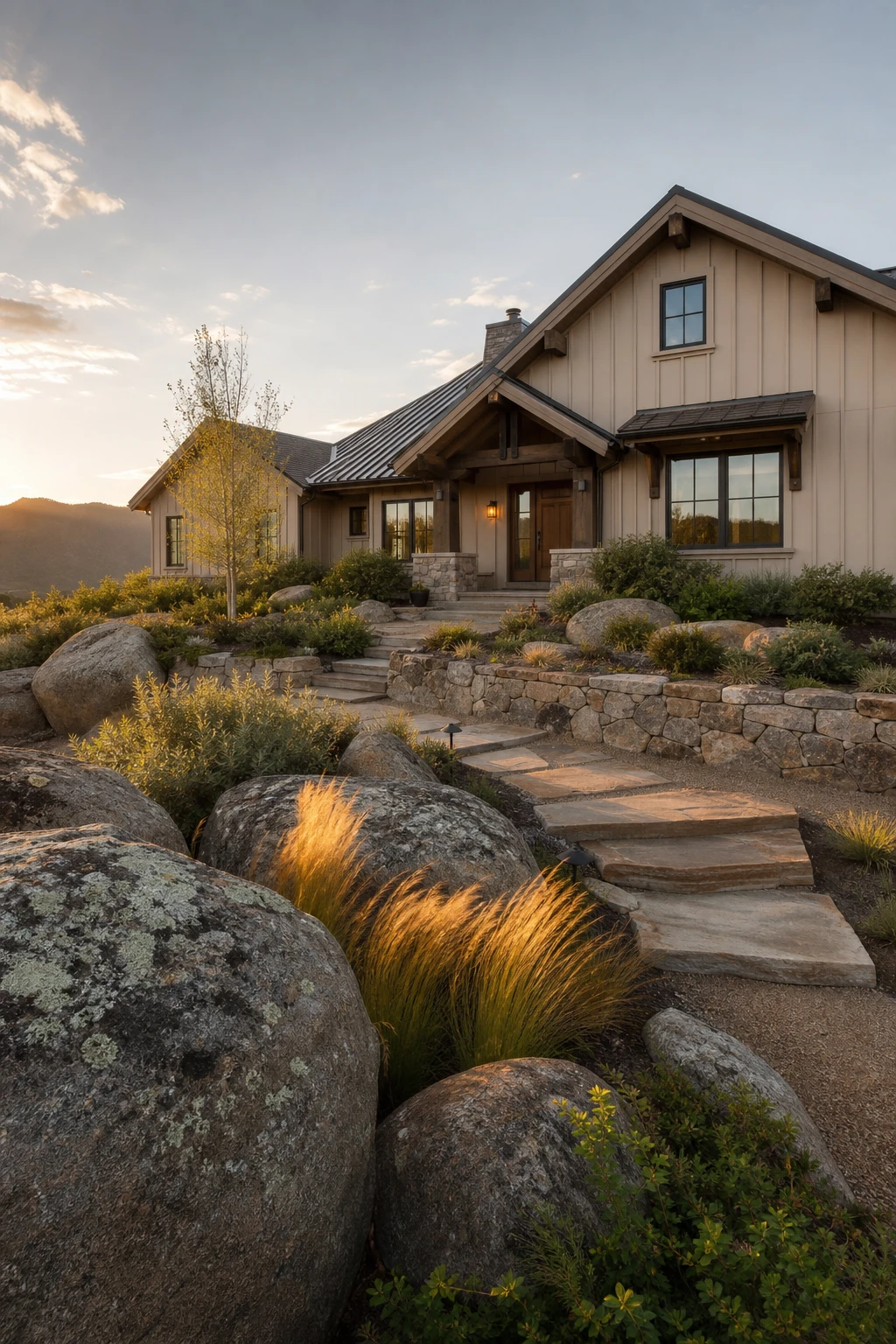 Mountain Modern Ranch exterior with native boulder landscaping, ornamental grasses, and low shrubs anchoring the facade painted Farrow & Ball Buff warm neutral