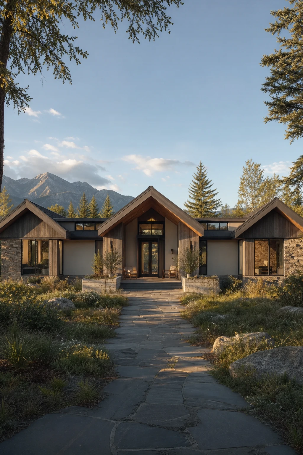 Mountain Modern Ranch exterior with repeating gable peaks across a long low roofline clad in warm neutral Farrow & Ball Skimming Stone paint under clear afternoon light