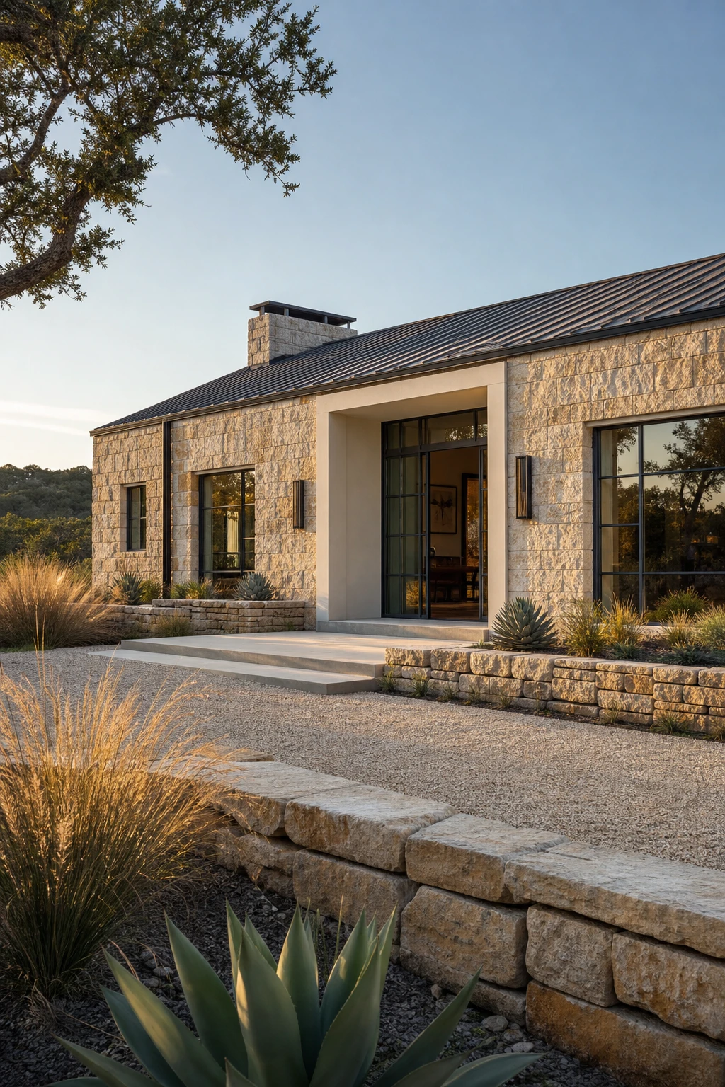 Mountain Modern Ranch exterior with rough cut limestone cladding as hero feature, warm sunlight, low pitched roofline, steel windows and native landscaping