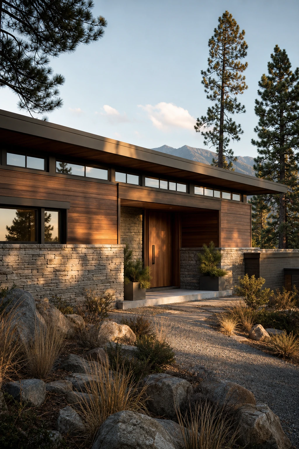 Mountain Modern Ranch exterior with stone and wood cladding hero, warm afternoon light, Farrow and Ball Oxford Stone trim, horizontal cedar, stacked ledger stone base