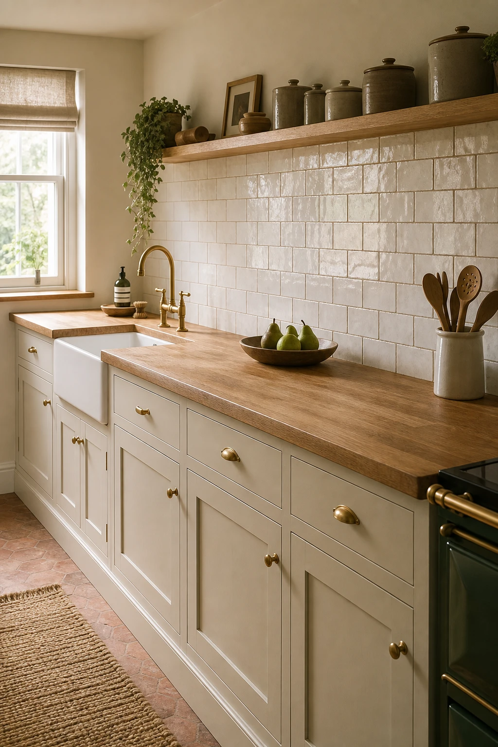 Narrow 70s kitchen remodel with a ceramic tile backsplash hero, warm white cabinetry, open shelving, and a window above the sink