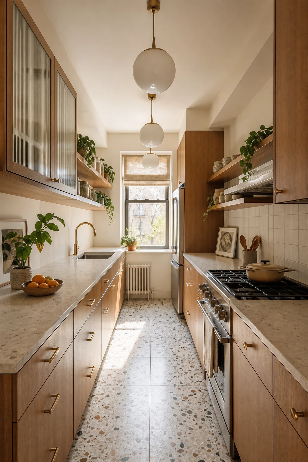 Narrow galley kitchen in a 70s condo remodel with warm neutral walls, continuous open sightlines, terrazzo floor, and bold period inspired pendant lighting