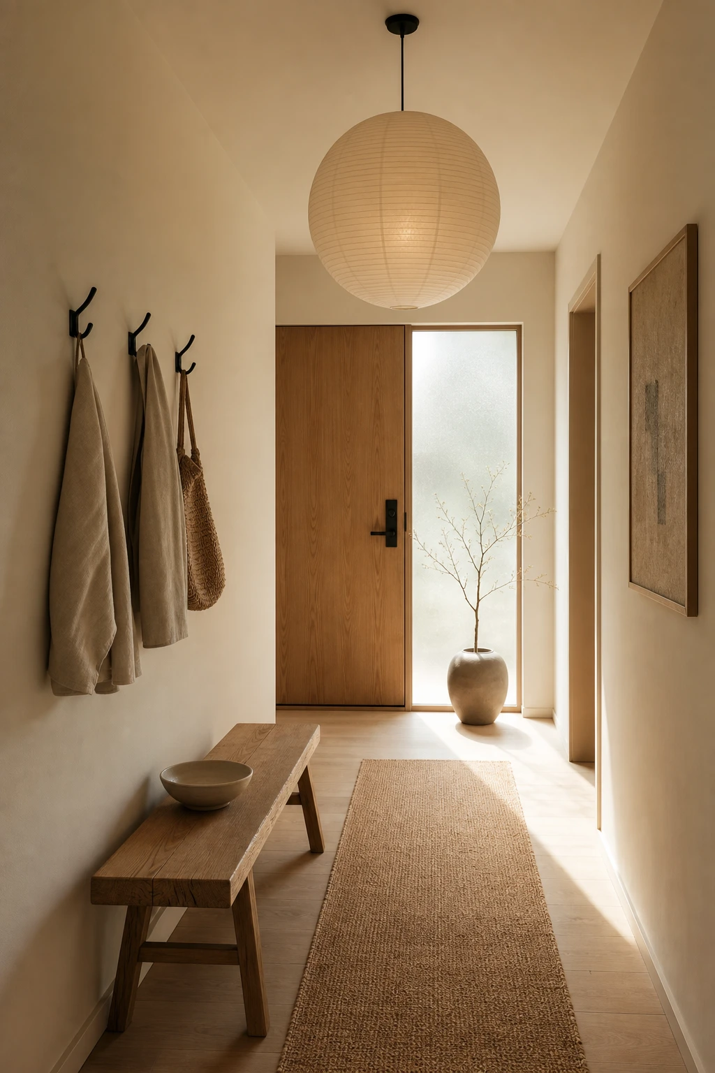 Narrow Japandi style Scandinavian hallway with warm neutral walls, low timber bench, woven rattan mat, paper pendant light and minimal wall hooks