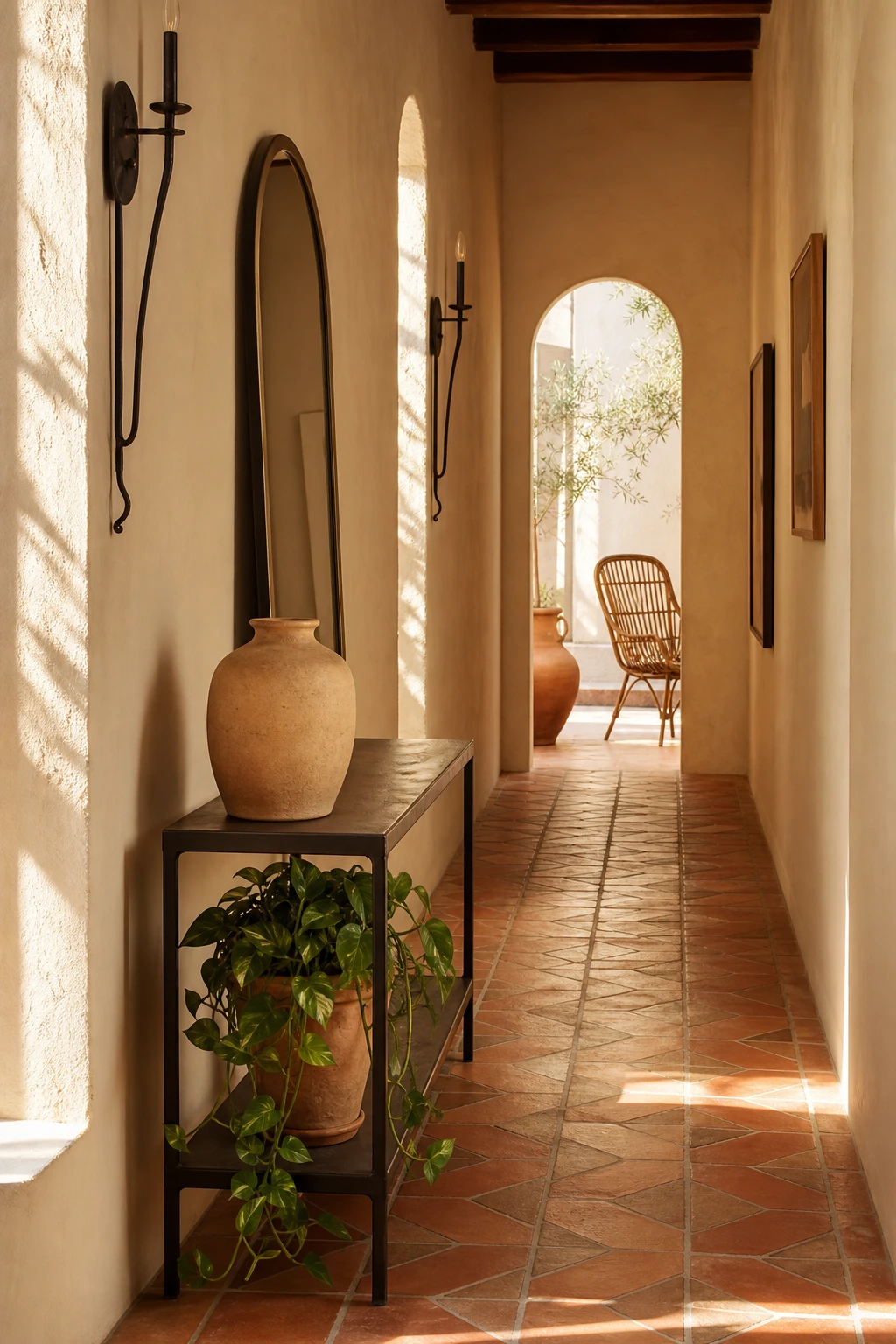 Narrow Mediterranean hallway painted in warm neutral tones with tall arched mirror, slim console table, terracotta tiles and wall sconces creating elegant vertical rhythm