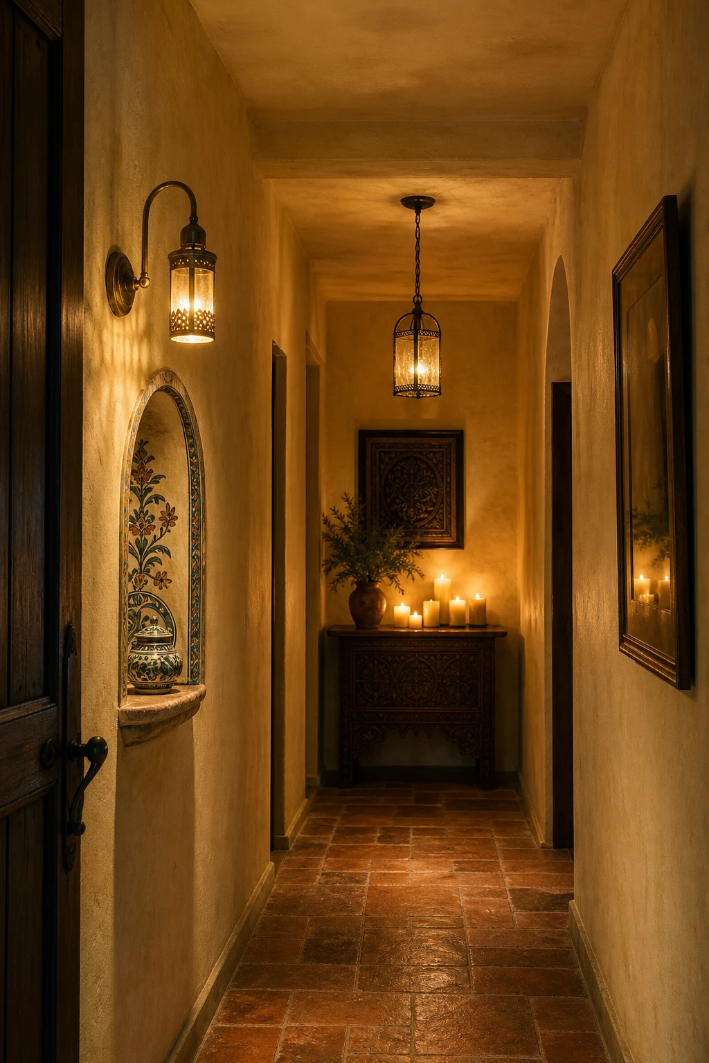 Narrow Mediterranean hallway with no windows glowing warmly from layered artificial lighting, terracotta floor tiles, arched wall niches and Farrow and Ball Straw painted walls