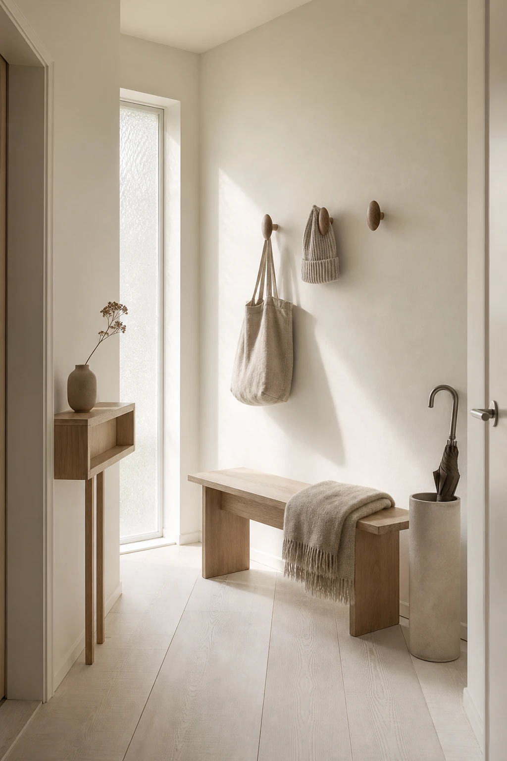 Narrow Scandinavian hallway painted Wimborne White with a pure Scandi entry featuring pale wood bench, linen hooks, and soft natural light