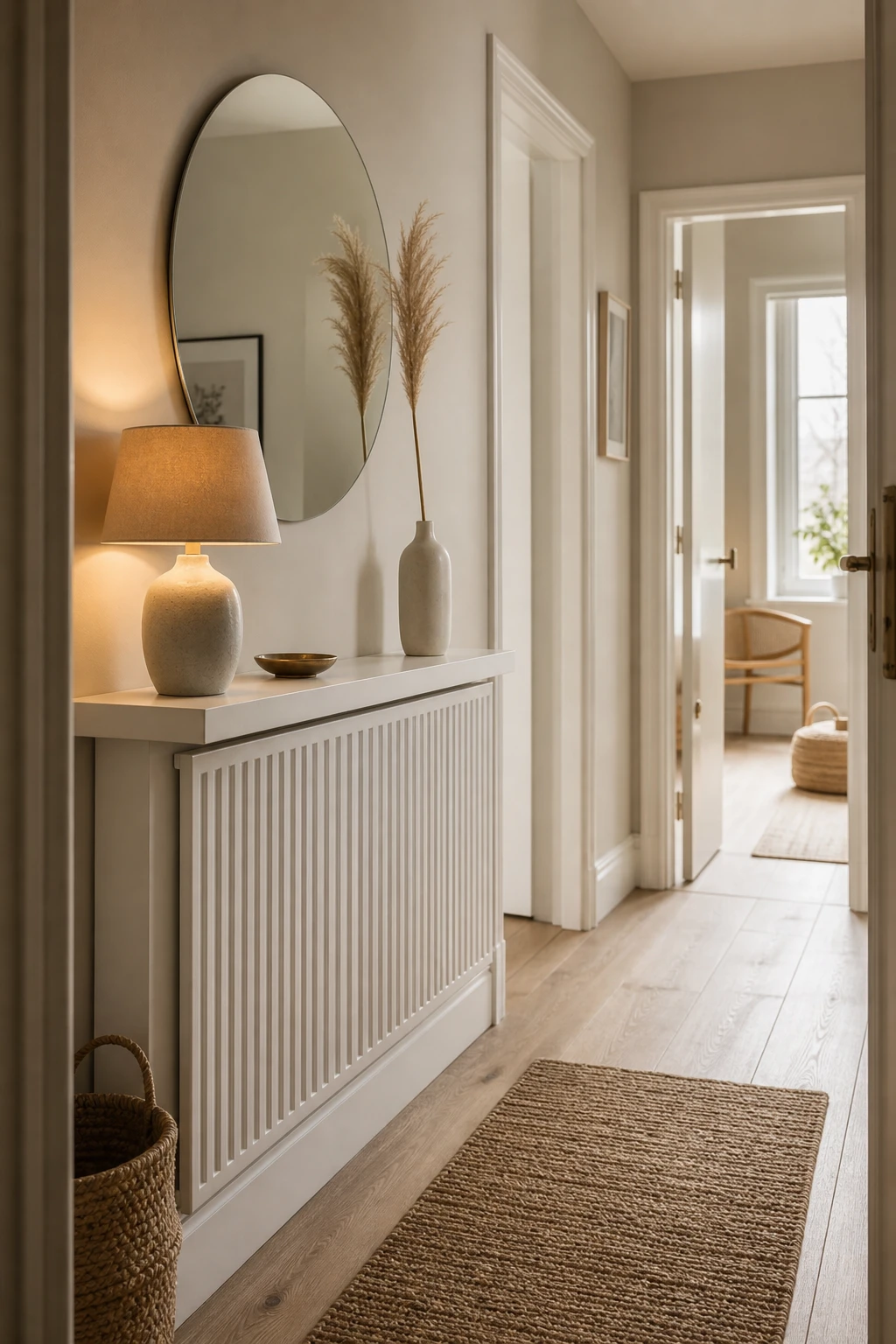 Narrow Scandinavian hallway with a slim console table styled over a radiator, warm neutral walls, pale timber floor, and a round mirror above