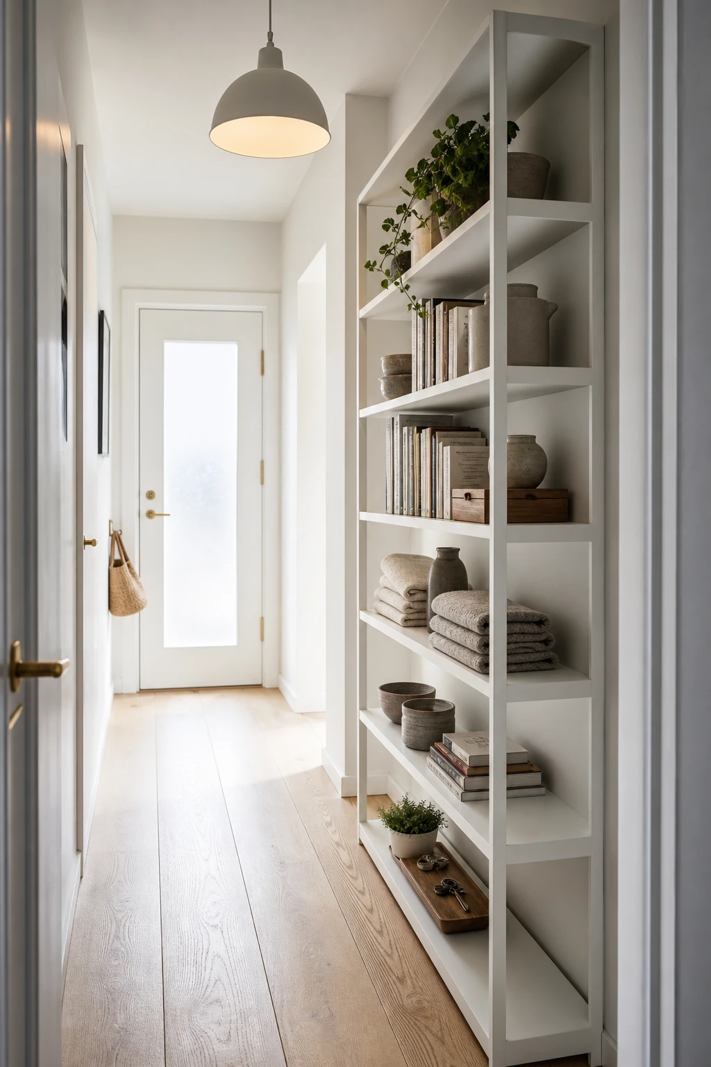 Narrow Scandinavian hallway with a slim freestanding bookcase as the focal point, styled with books and ceramics, painted in Farrow and Ball Strong White