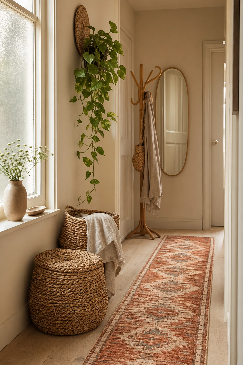 Narrow Scandinavian hallway with boho layering, woven baskets, printed runner, trailing plants, and Farrow & Ball Matchstick warm neutral walls