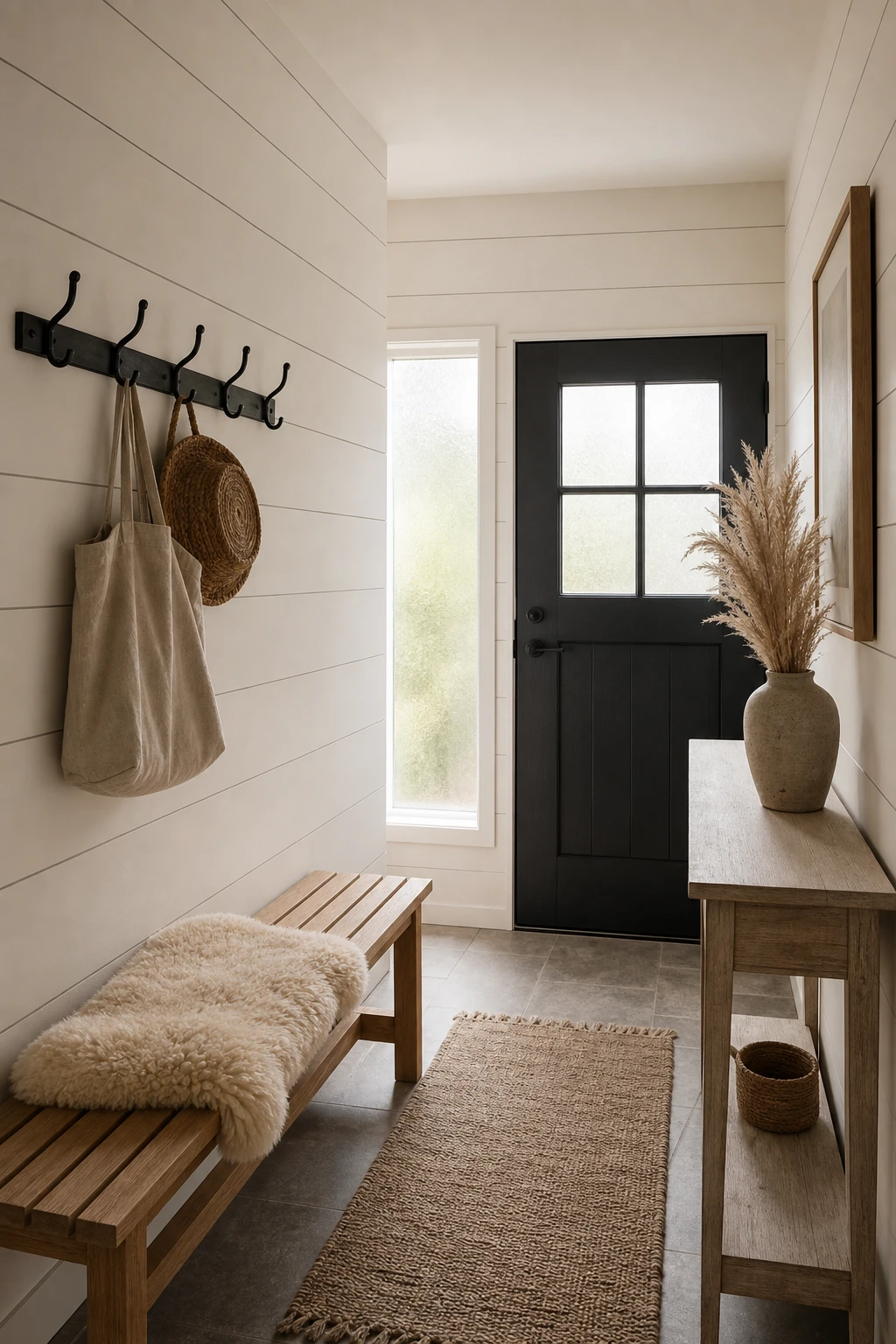Narrow Scandinavian hallway with modern farmhouse entry, shiplap wall panels, black metal hooks, pale warm white tones and natural wood floor