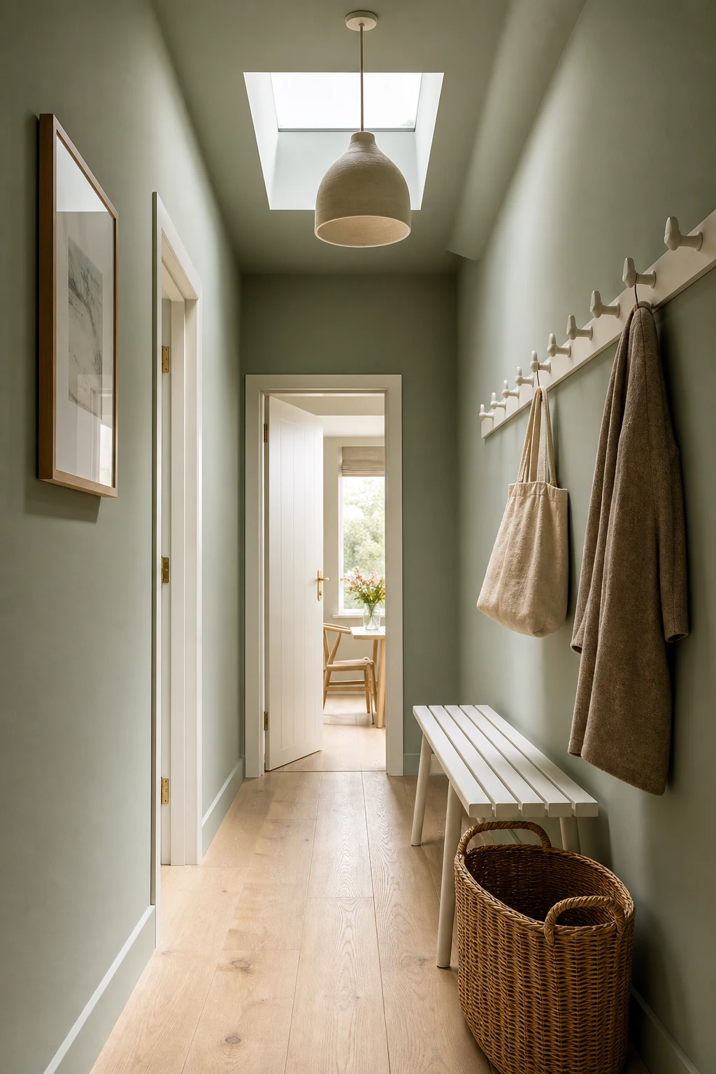 Narrow Scandinavian hallway with sage green walls, pale wood floor, slim white coat hooks, woven basket and pendant light in a small entryway