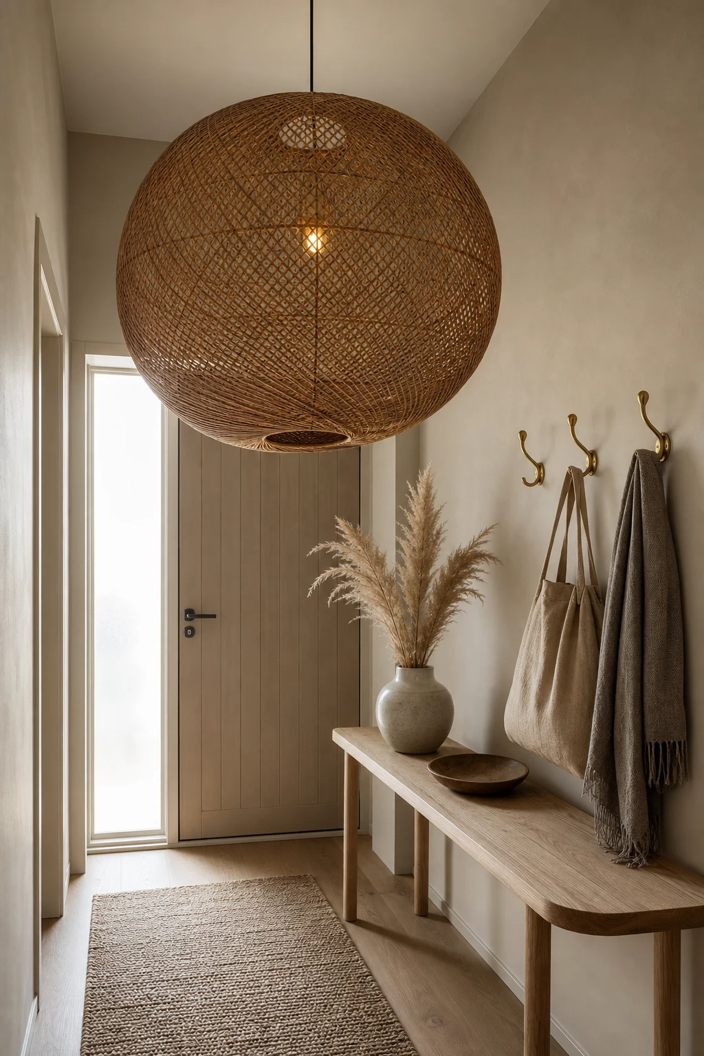 Narrow Scandinavian hallway with sculptural rattan pendant light as hero, Farrow and Ball Wevet walls, pale oak floor, slim console table and minimal hooks