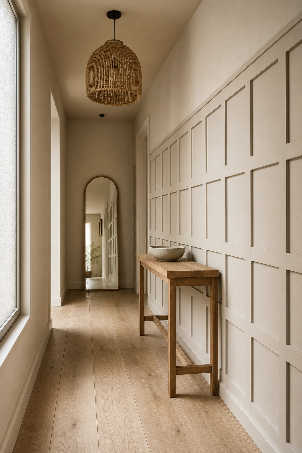 Narrow Scandinavian hallway with square wainscoting panels painted warm white, slim console table, rattan pendant light and pale oak floor