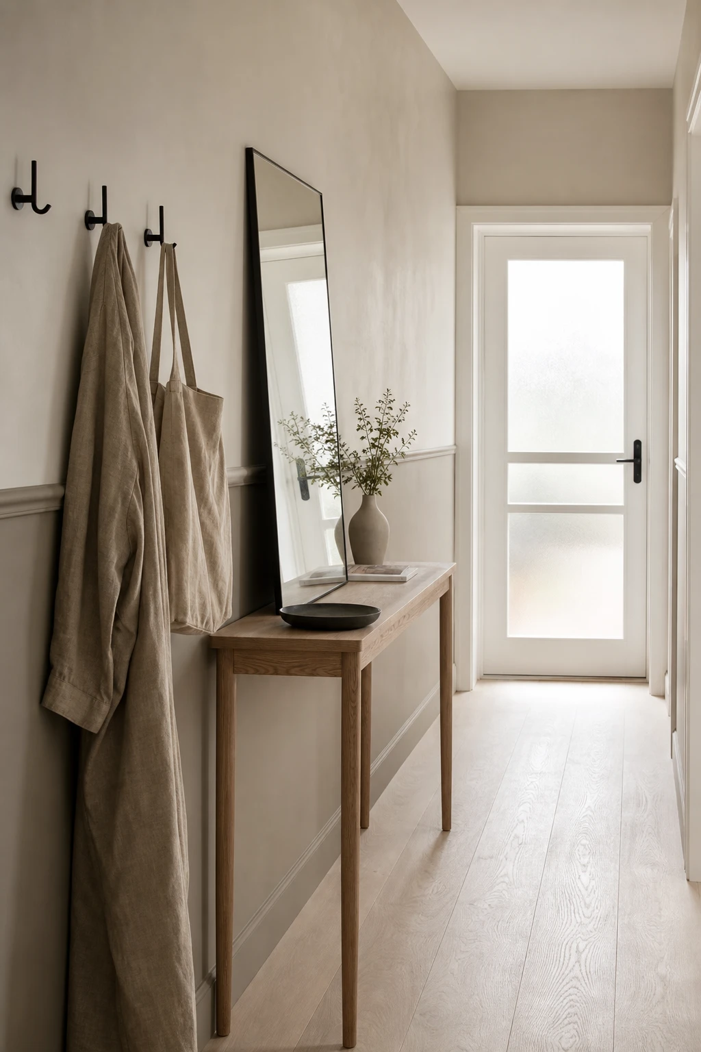 Narrow Scandinavian hallway with two tone wall split, warm neutral upper and deeper lower half, pale timber floor, minimal console and wall hooks