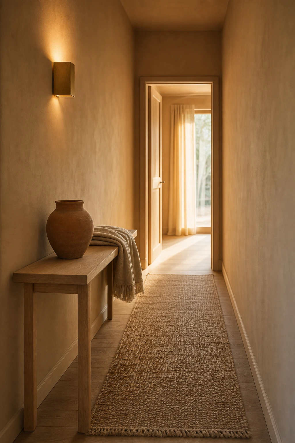 Narrow Scandinavian hallway with warm toned walls in soft amber clay, pale oak flooring, a slim console table, woven textile runner and brass wall sconce
