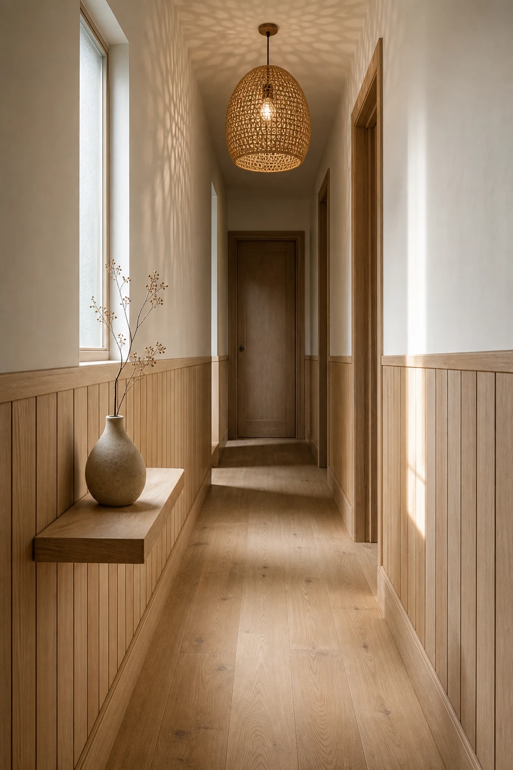Narrow Scandinavian hallway with warm wood panel wainscoting, New White upper walls, oak floor, slim console, and rattan pendant in soft morning light