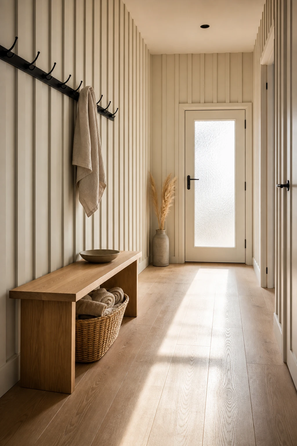 Narrow Scandinavian hallway with white board and batten walls, slim oak bench, woven basket storage, and warm morning light from a glazed door