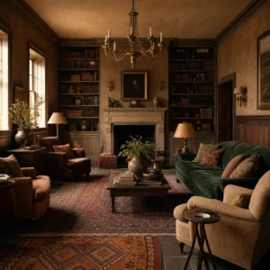Old English colour palette drawing room with oak panelling, lime plaster walls in warm brown, a stone chimneypiece, leather books, overlapping kilim rugs, and amber afternoon light from tall sash windows.