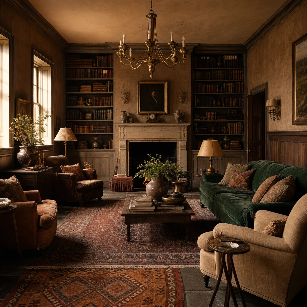 Old English colour palette drawing room with oak panelling, lime plaster walls in warm brown, a stone chimneypiece, leather books, overlapping kilim rugs, and amber afternoon light from tall sash windows.