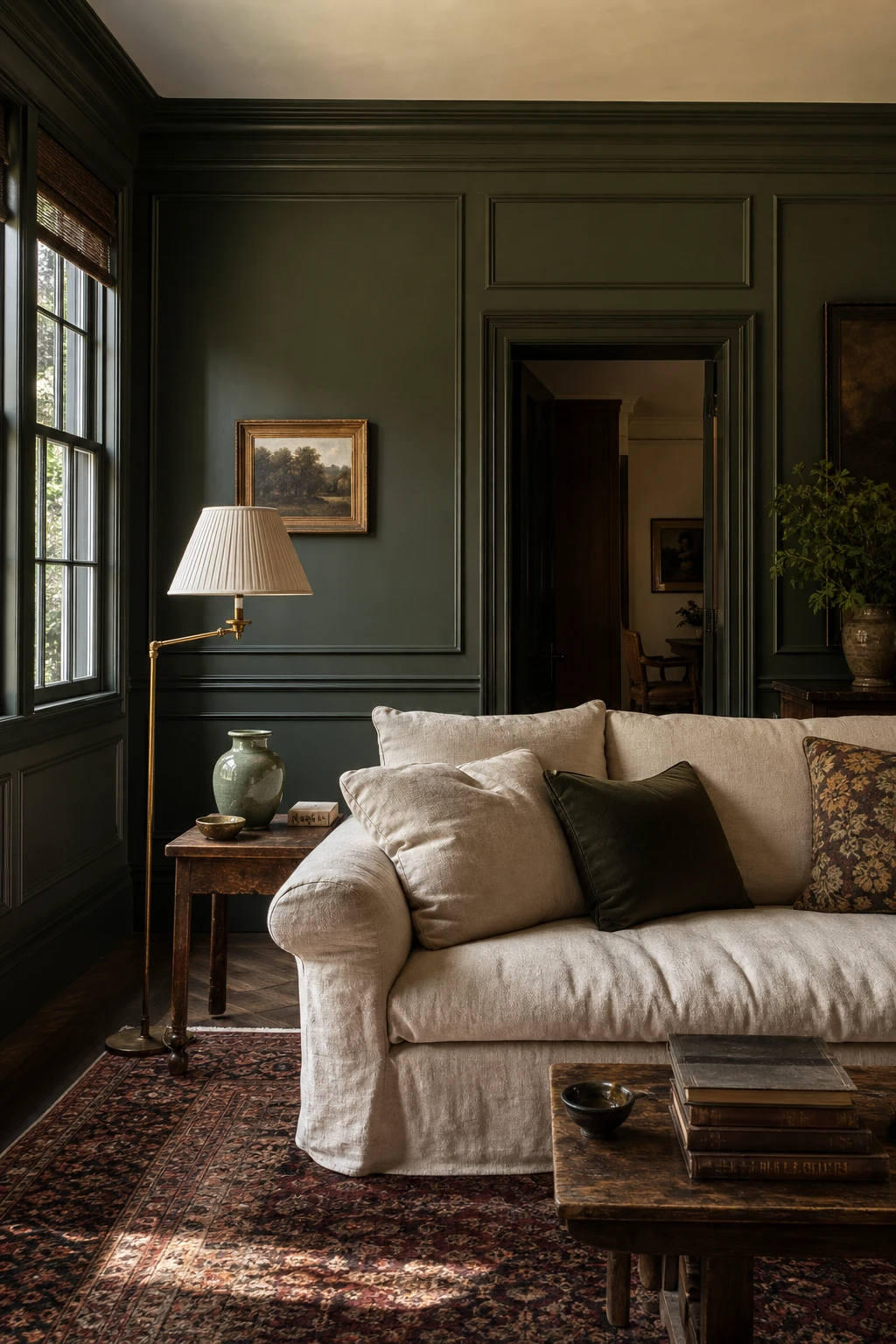 Old English sitting room with dark green walls in Farrow & Ball Bancha paint, aged brass fixtures, natural linen upholstery and warm afternoon light