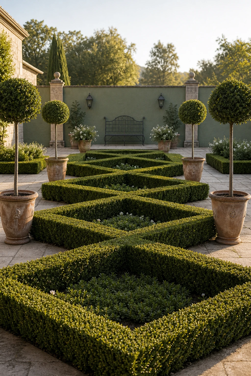 Overhead view of a French country garden patio with clipped parterre beds in geometric patterns, stone paving, terracotta urns, and Calke Green painted garden wall