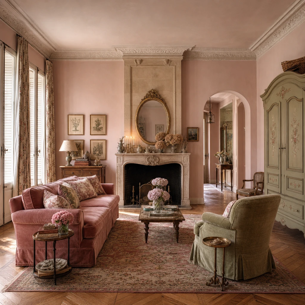 Pink French country living room with dusty blush walls, carved limestone fireplace, velvet sofa, sage armchair, Persian rug, and golden morning light crossing honey oak parquet.