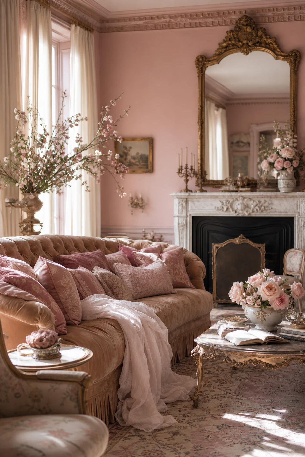 Pink French Country Living Room styled with Regency romantic layers of draped fabric, pastel soft furnishings, ornate gilded mirror and abundant cushions in Farrow and Ball Templeton Pink