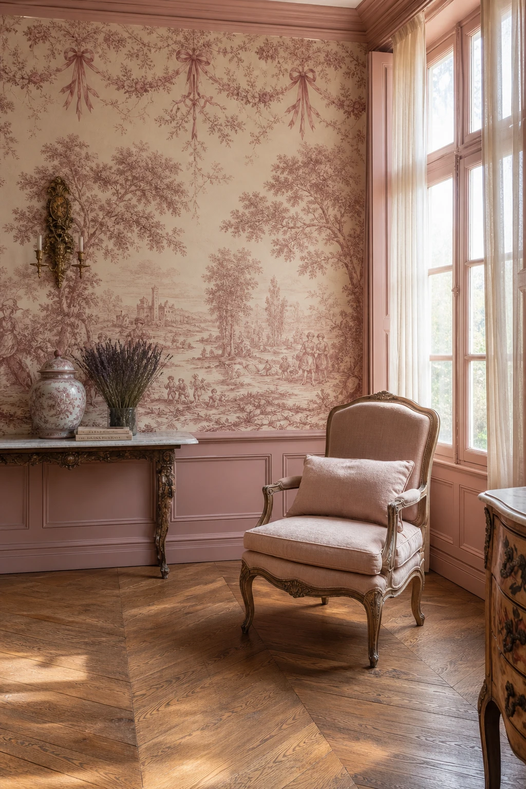 Pink French Country living room with 18th century scenic wallpaper as the hero, antique furnishings, tall casement windows and Farrow & Ball Shallot painted trim