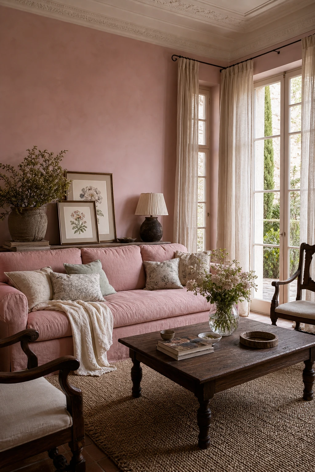 Pink French Country living room with a blush sofa as the hero, styled with a natural fibre rug, dark wood furniture, linen cushions and Middleton Pink walls