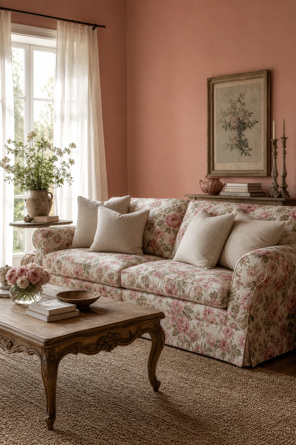 Pink French Country living room with a floral print sofa as the hero, surrounded by plain linen cushions, a carved wood coffee table, and soft Potted Shrimp walls