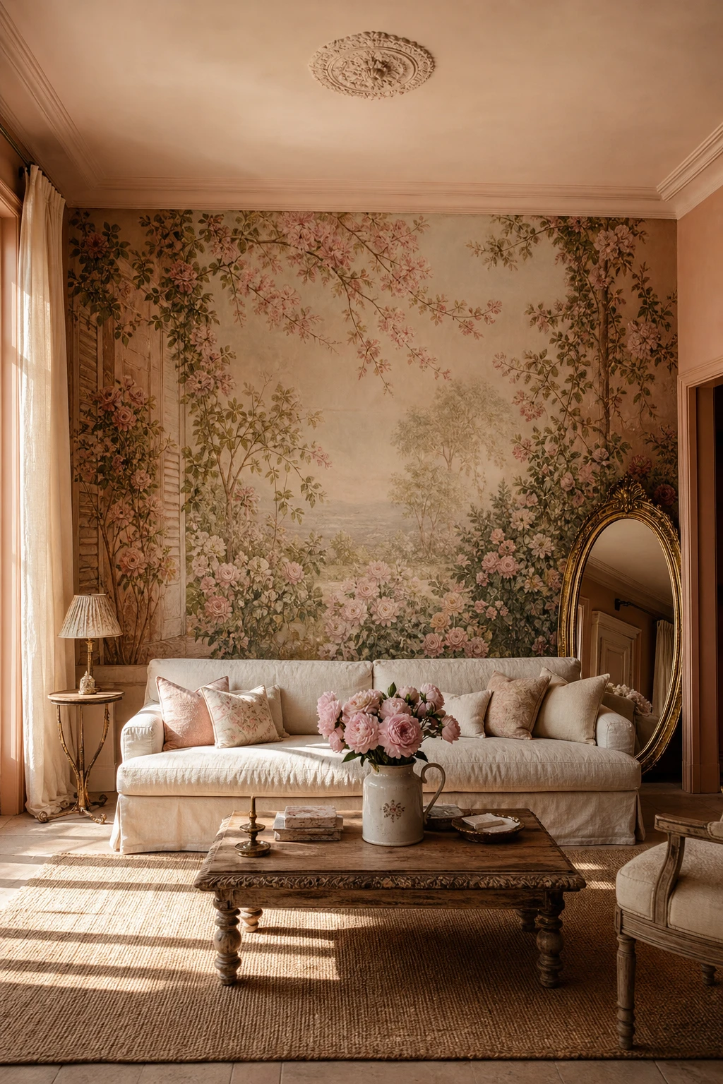 Pink French country living room with a full wall garden scene wallpaper mural as the hero, linen sofa, carved wood frame mirror, and Farrow and Ball Fake Tan painted trim
