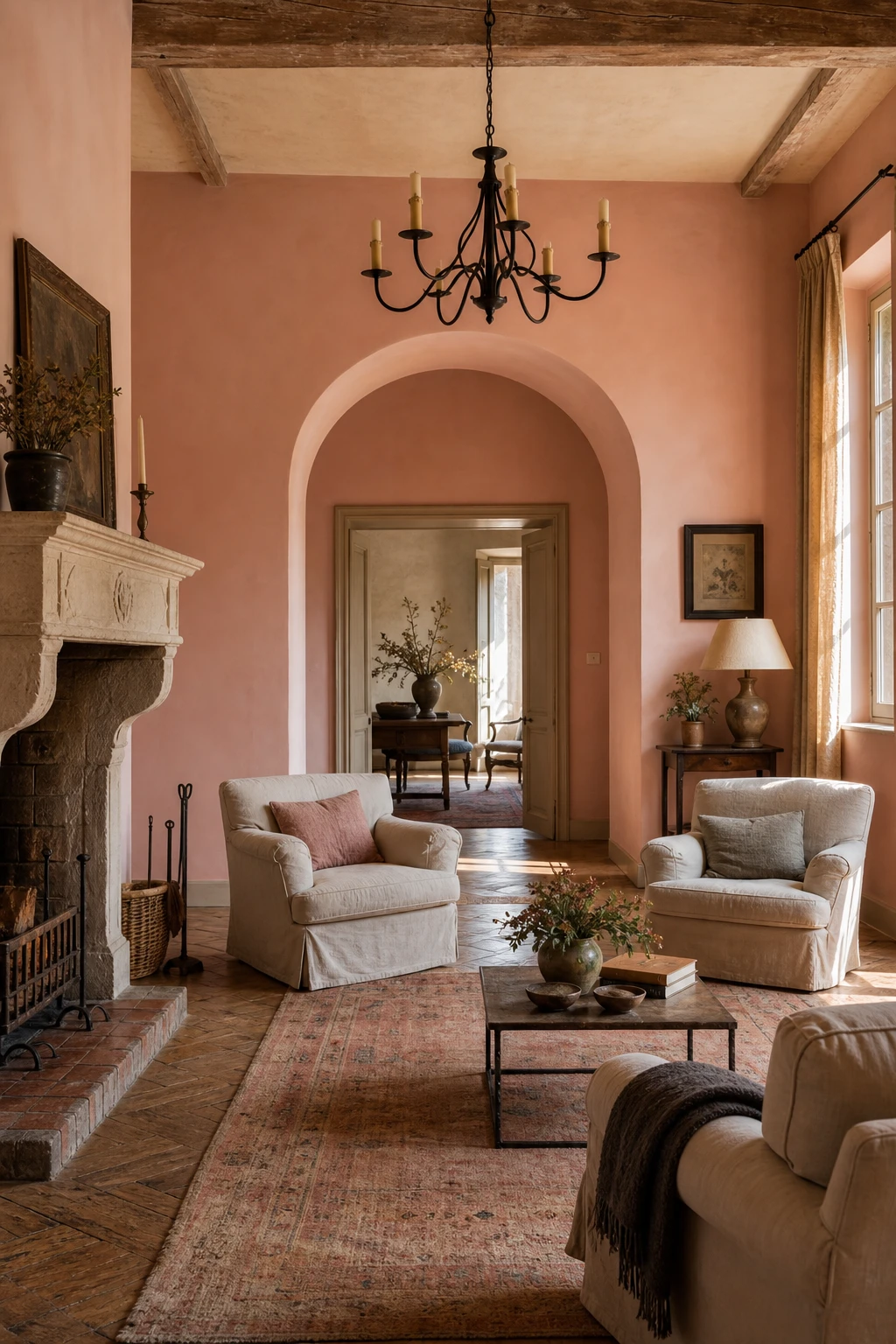Pink French country living room with a plastered arched doorway painted in Farrow and Ball Scallop leading to an adjoining sunlit room