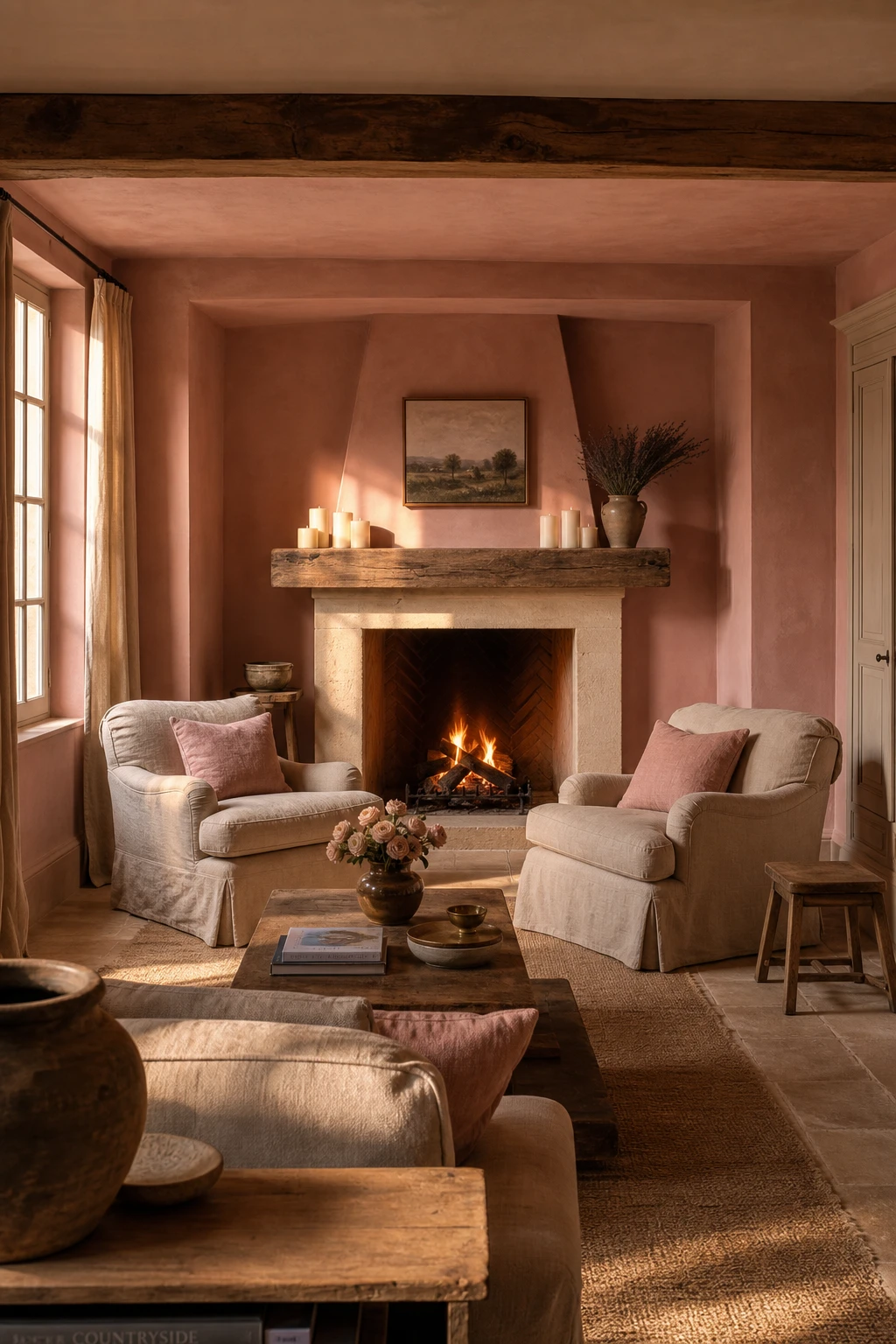 Pink French country living room with a recessed fireplace nook painted in soft pink, featuring carved stone surround, linen armchairs and candlelight ambiance