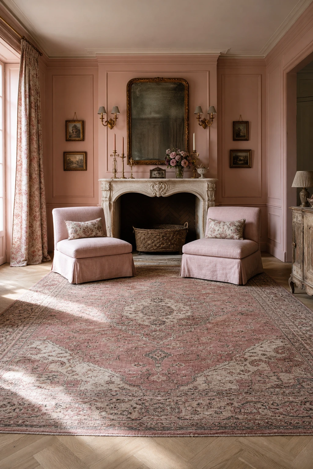 Pink French Country living room with a richly patterned Persian rug grounding soft pink armchairs, floral curtains, and a carved limestone fireplace