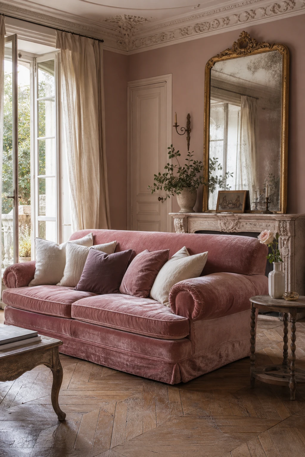 Pink French country living room with a velvet pink sofa as the hero, styled with gilded mirror, linen cushions, parquet floor and Cinder Rose walls