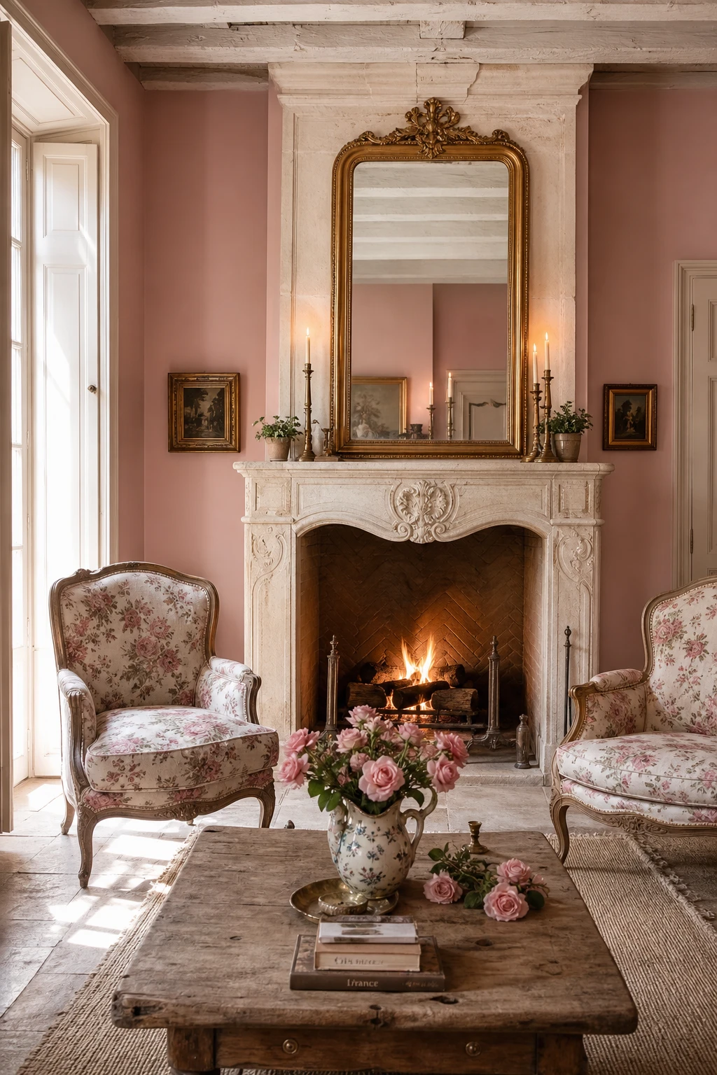 Pink French Country living room with a white stone fireplace as the central anchor, floral upholstery, carved mantel, and Farrow and Ball Entrance Hall Pink walls
