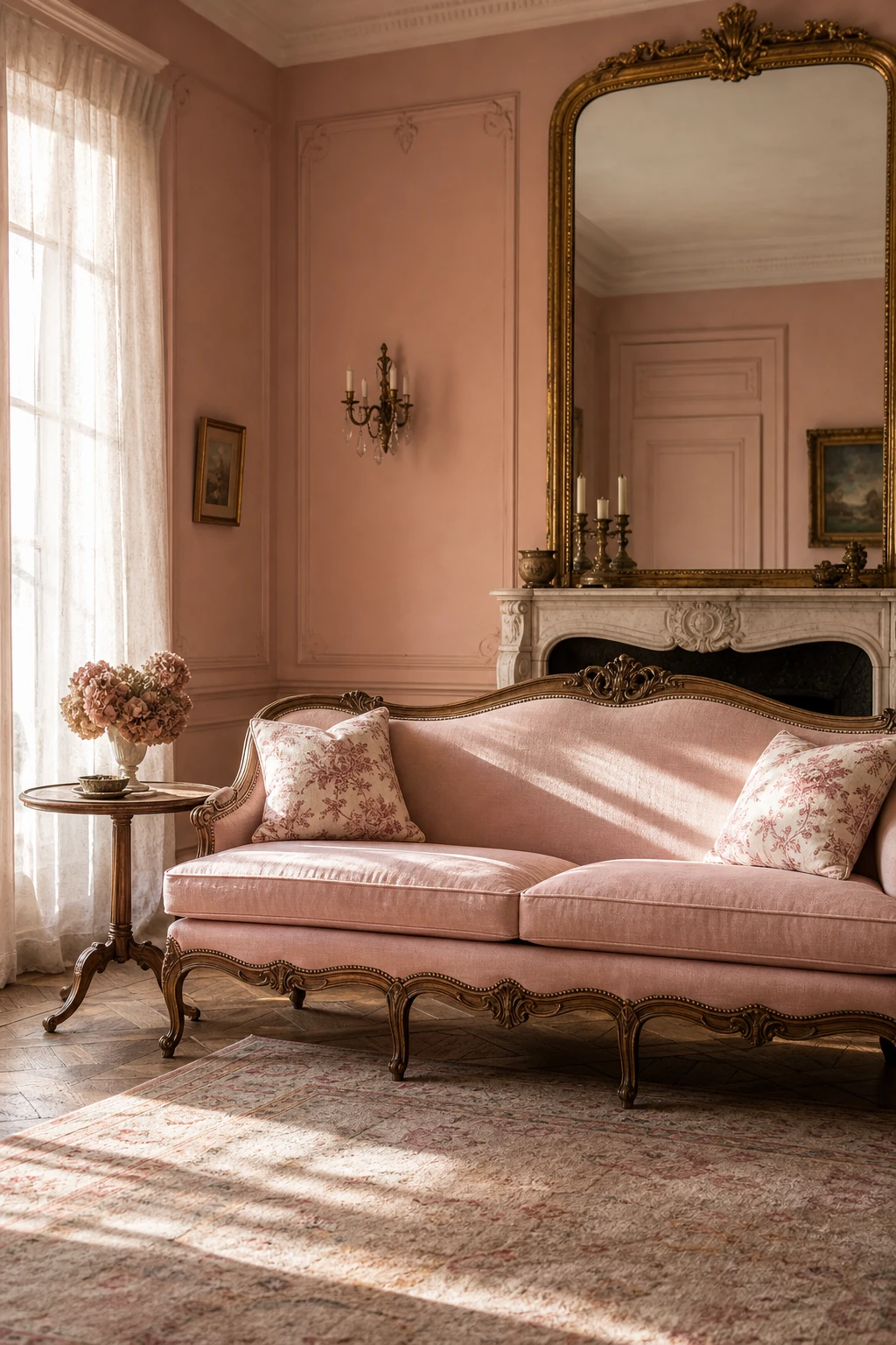 Pink French country living room with an antique carved frame sofa as the focal point, cabriole legs, toile cushions, gilded mirror and parquet floor