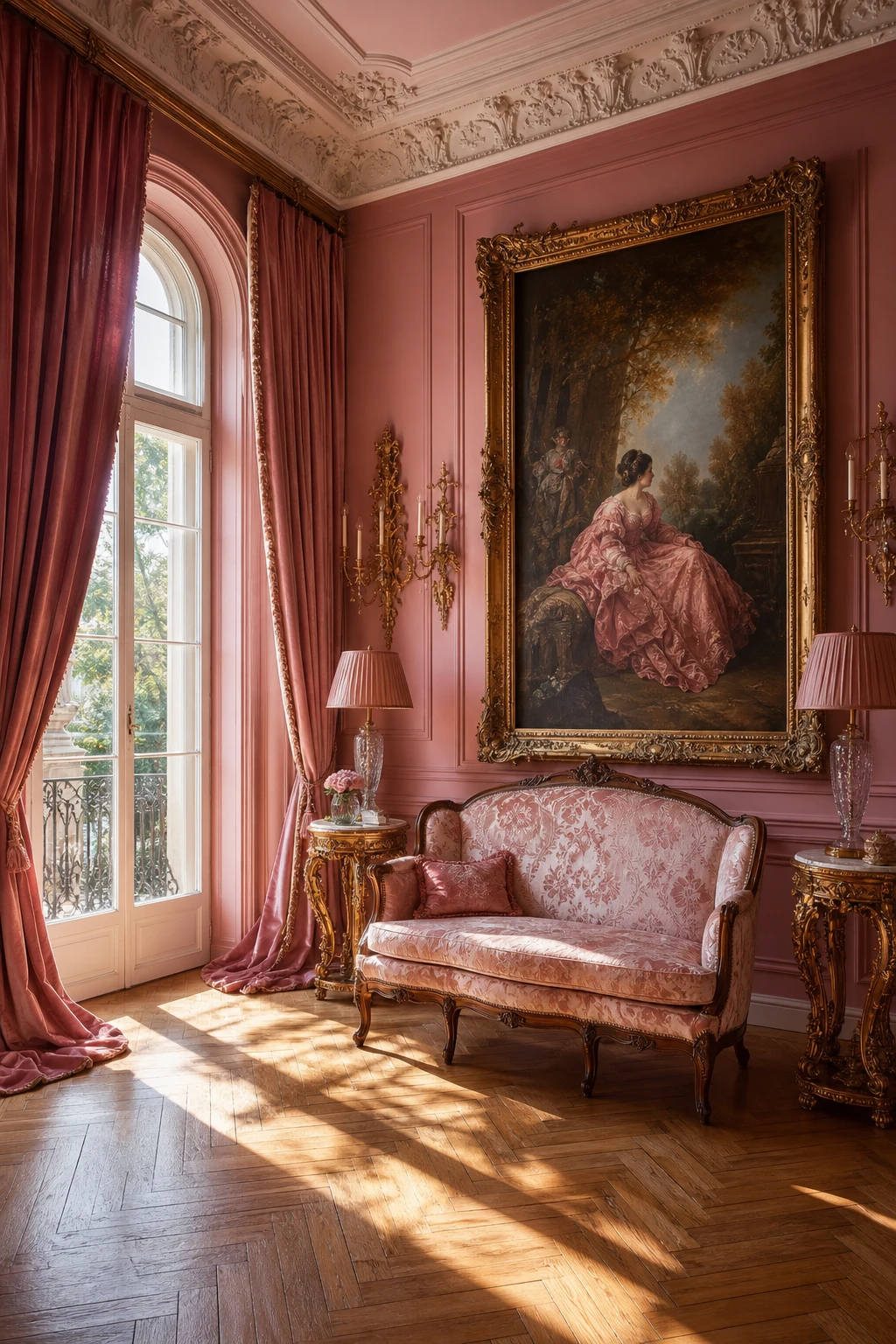 Pink French Country living room with baroque drama, tall ceiling, oversized gilt framed art, floor length drapery, and Farrow and Ball Porphyry Pink walls