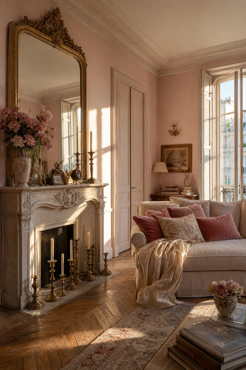 Pink French Country living room with blush and gold accents, gilded mirror, velvet cushions, brass candlesticks and Farrow and Ball Pink Ground walls in warm afternoon light