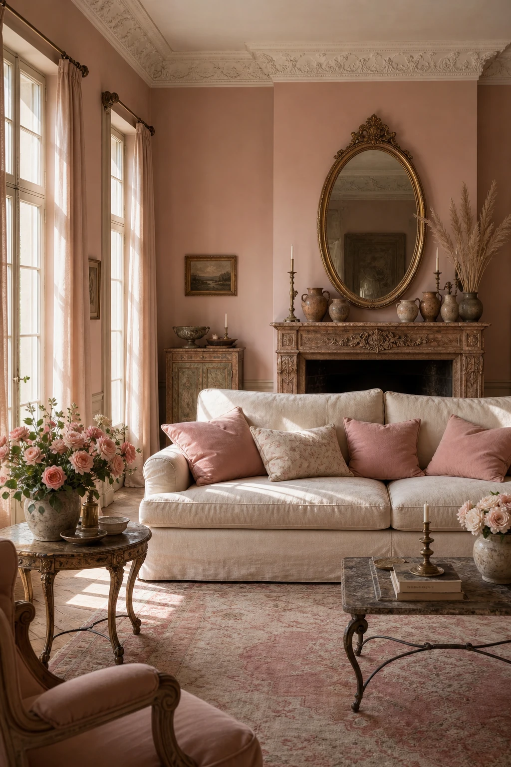 Pink French Country living room with blush walls as the hero, linen sofa, carved timber mantel, tall casement windows and warm afternoon light