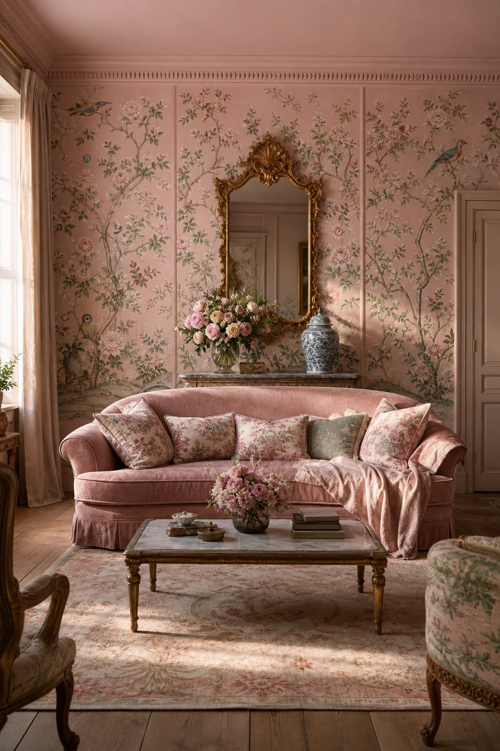 Pink French Country living room with chinoiserie chintz wallpaper as the hero, gilt mirror, linen sofa, and toile cushions in warm afternoon light