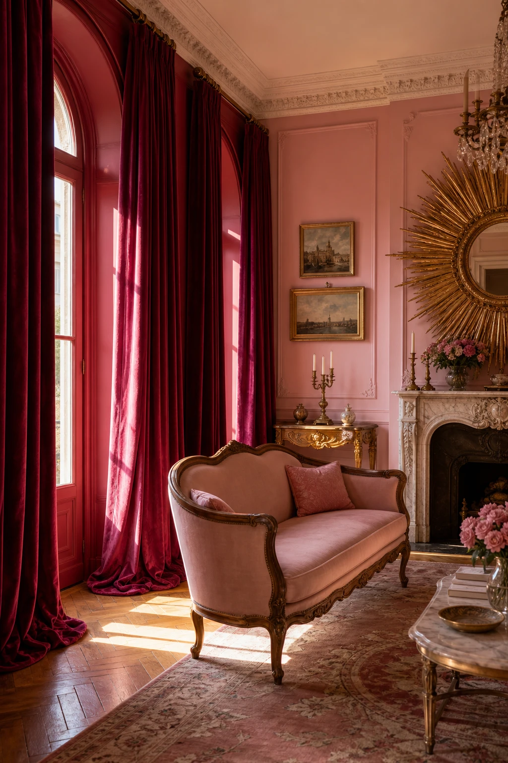 Pink French country living room with floor length raspberry curtains as the hero, pale pink walls, gilded mirror, carved sofa and parquet floor in warm afternoon light