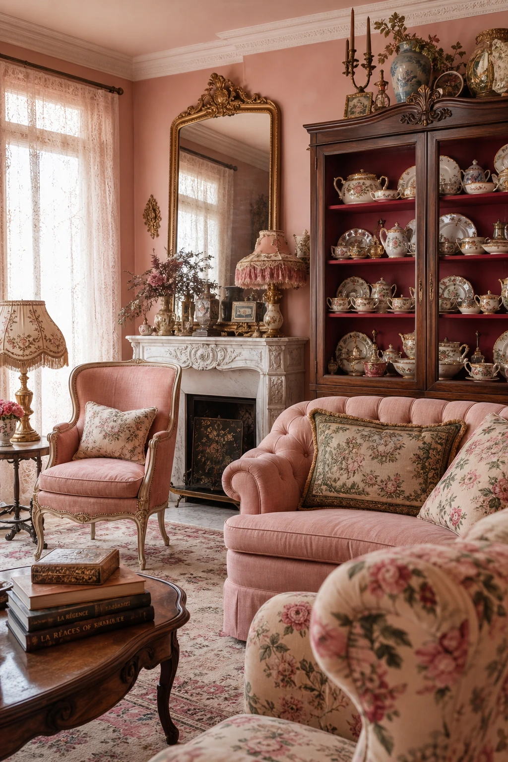 Pink French country living room with grandmillennial mix of fringe lampshades, floral chintz, antique cabriole furniture, and china displayed on open shelving painted Farrow & Ball Crimson Red
