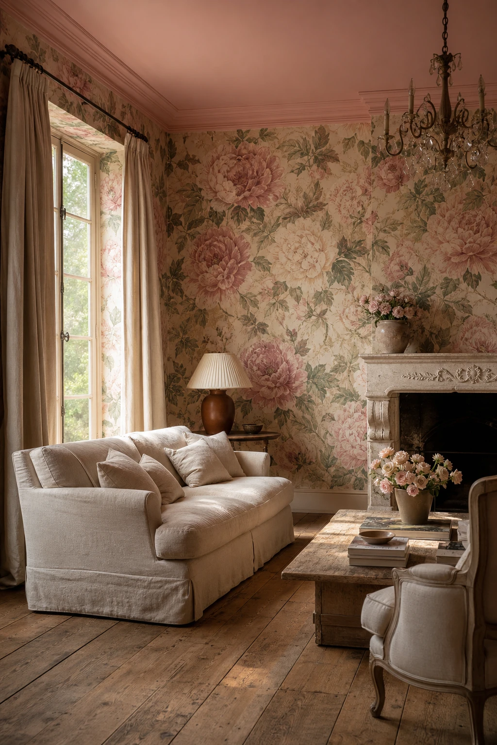 Pink French Country living room with large scale cabbage rose wallpaper, linen sofa, aged oak floor, simple carved mantel and soft afternoon light