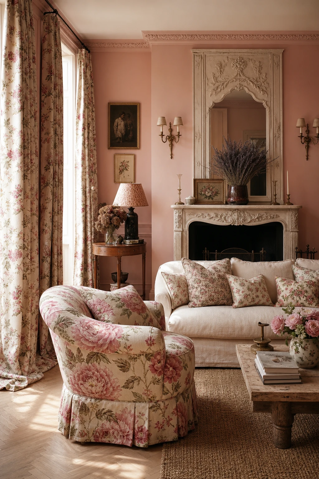 Pink French Country living room with layered floral patterns across curtains, upholstery and cushions, walls painted Farrow & Ball Fruit Fool