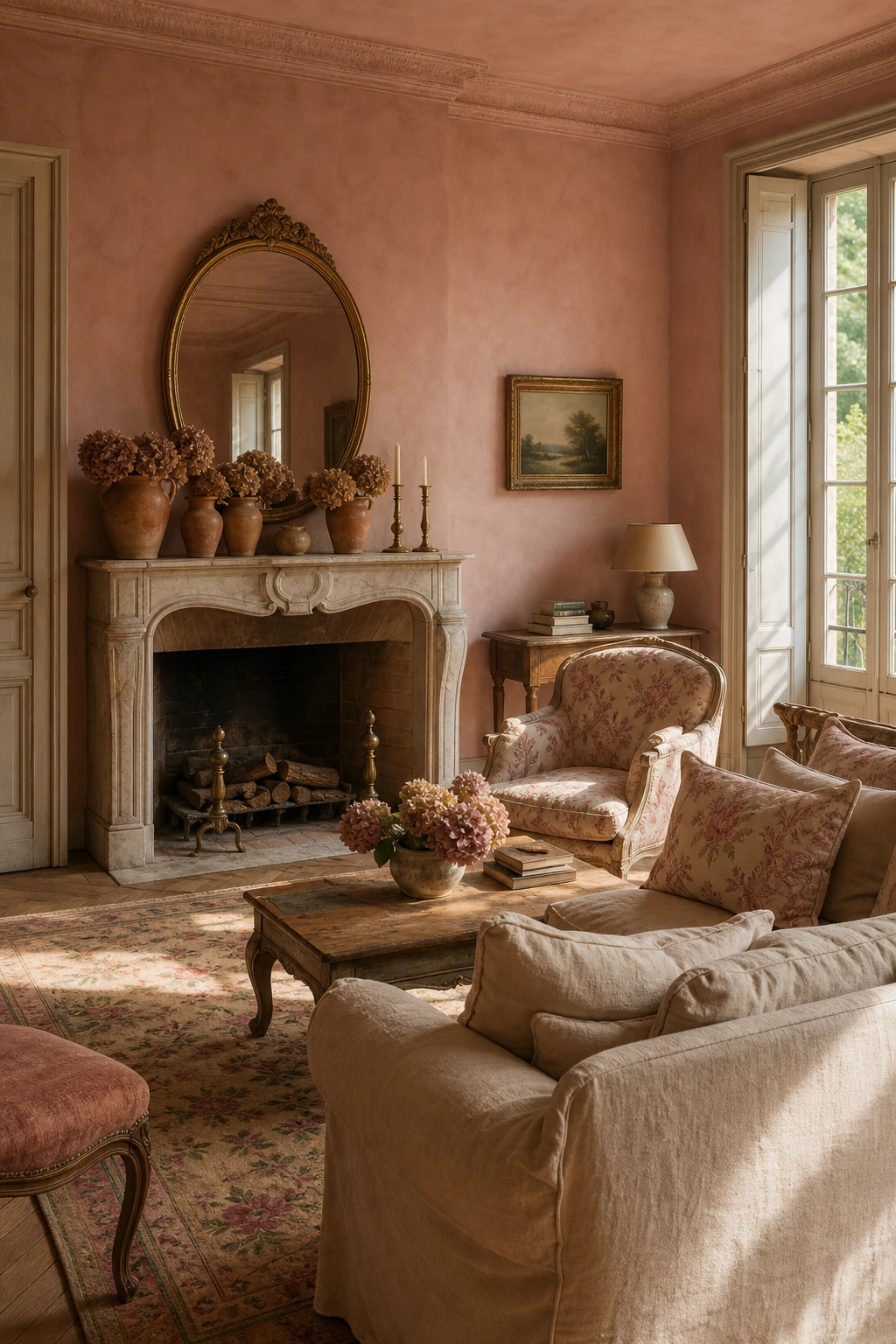 Pink French country living room with layered rose and blush tones, linen sofas, carved wood mantel, toile cushions, and warm afternoon light on Setting Plaster walls