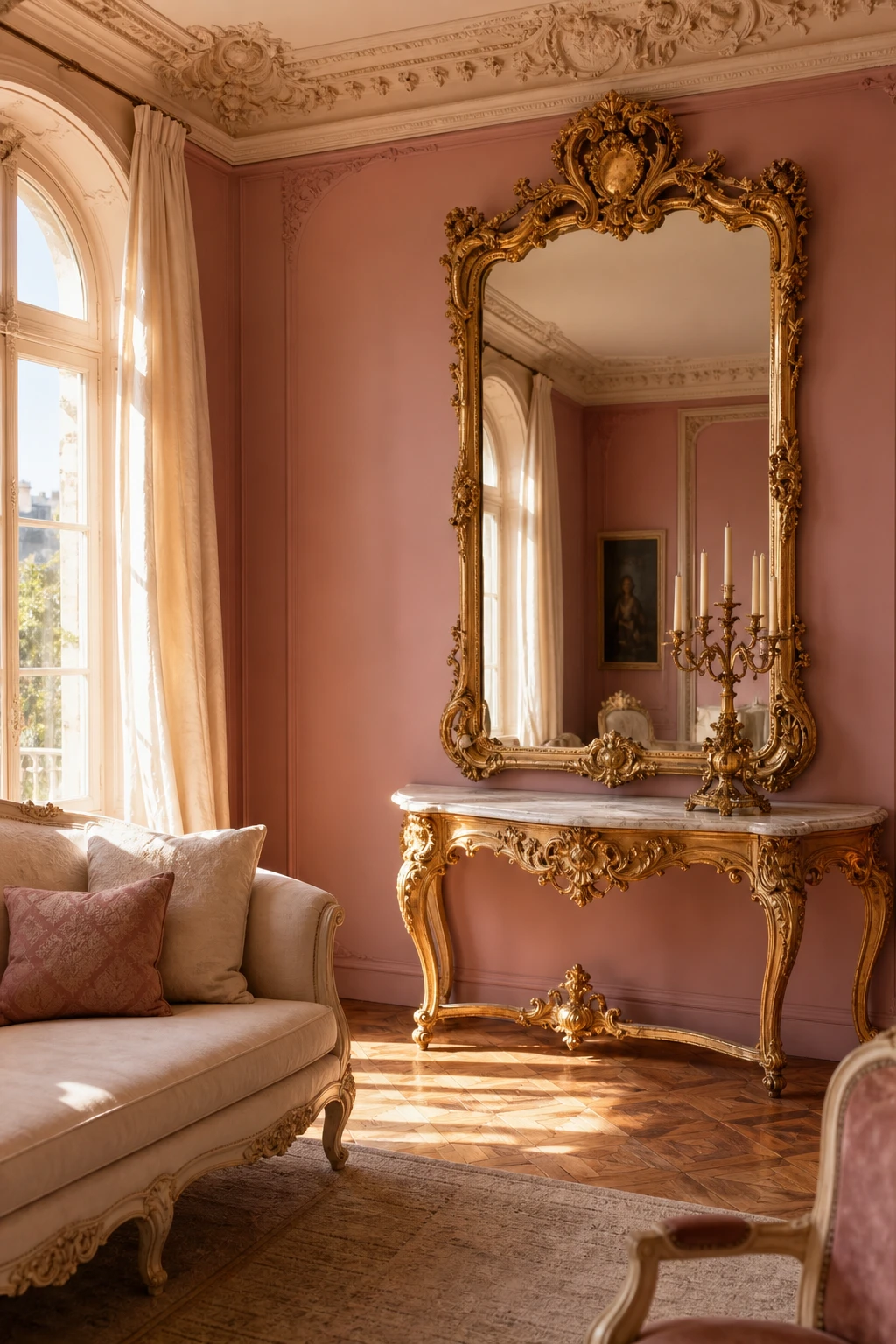 Pink French Country living room with Rococo gilded mirror and carved console as hero, Farrow and Ball Rangwali walls, ornate plasterwork, silk drapes