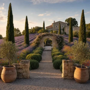 Provence garden landscape with cypress spires, rolling lavender rows, a gravel path through a sandstone arch draped in climbing roses, and a stone farmhouse in warm late afternoon light.
